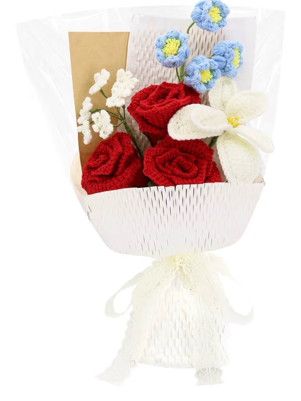 Handmade Crochet Flower Bouquet Red Roses Knit Artificial Floral Gift